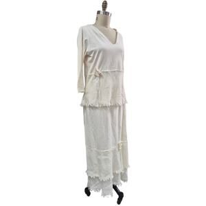Rare VTG Christine Damen Cream Cotton Linen Maxi Skirt Set Fray/Fringe  Sz M/L